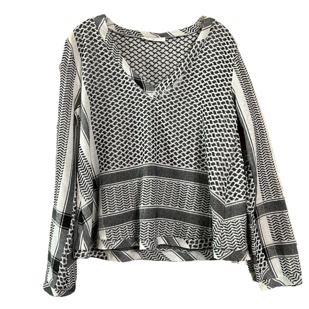 Assembly Boho V Neck Black White Pattern Cotton Long Sleeve Pop Over Top Sz M